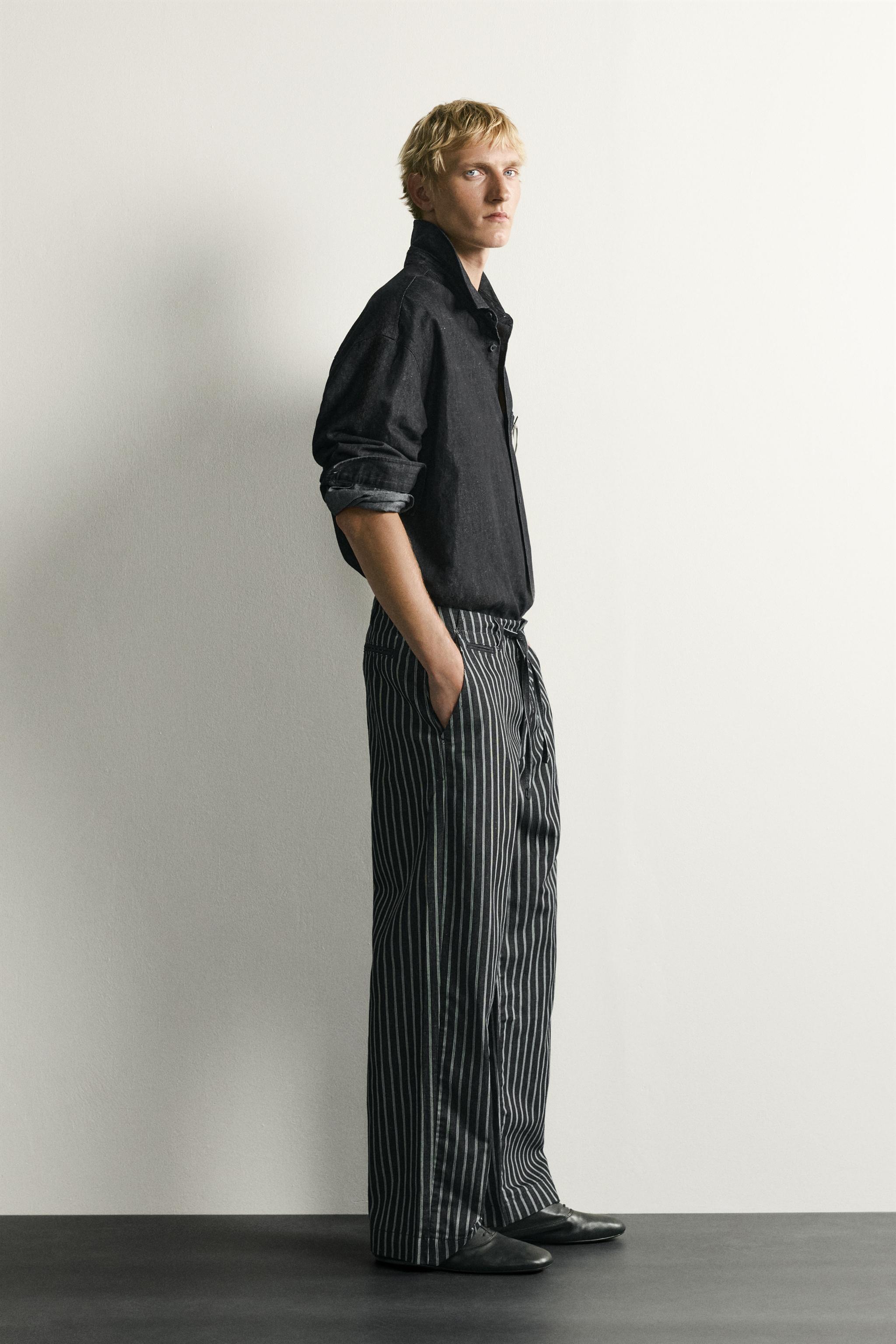 PANTALON DENIM RAYÉ COTON ET LIN